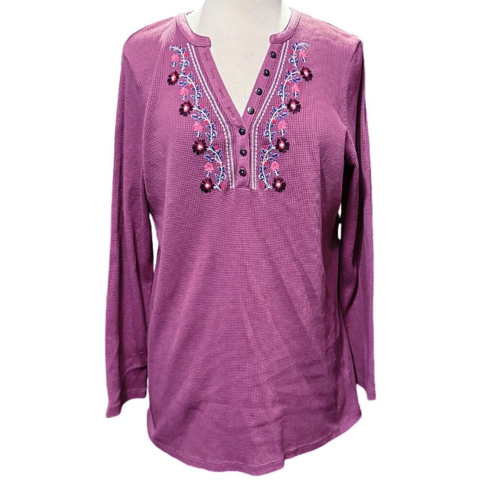 Woman Within Embroided Purple Knit Top Floral Breathable Long Sleeve Stretch MED